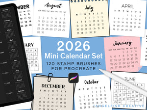 2026 Mini Calendar Month Stamp Brushes for Procreate, digital planner, title page