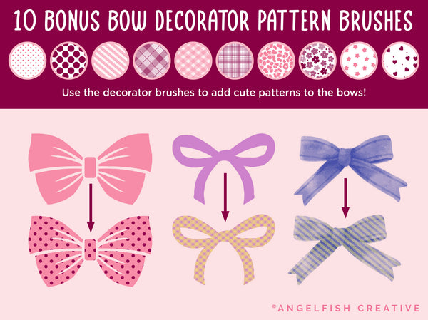 Coquette Bow Procreate Brush Set | 140 Stamp Brushes + 10 Bow Decorator Pattern Brushes, bonus bow decorator pattern brushes