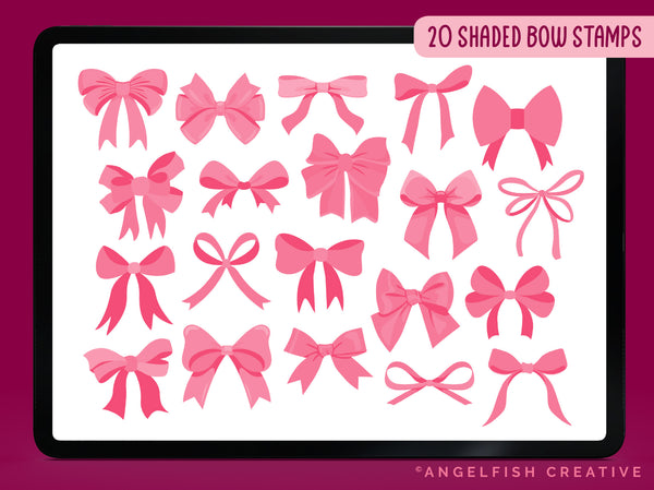 Coquette Bow Procreate Brush Set | 140 Stamp Brushes + 10 Bow Decorator Pattern Brushes, shaded bow stamps
