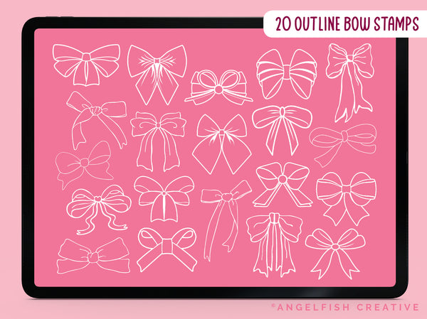 Coquette Bow Procreate Brush Set | 140 Stamp Brushes + 10 Bow Decorator Pattern Brushes, outline bow stamps