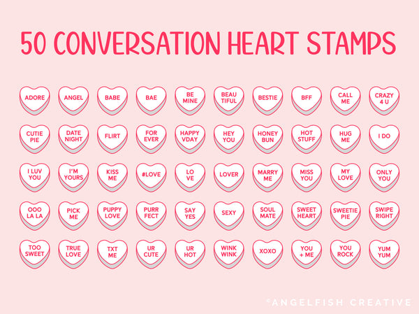 Candy Heart Stamp Brushes for Procreate | 130 Stamps, Conversation Heart, Anti-Valentine, Alphabet, conversation heart stamps