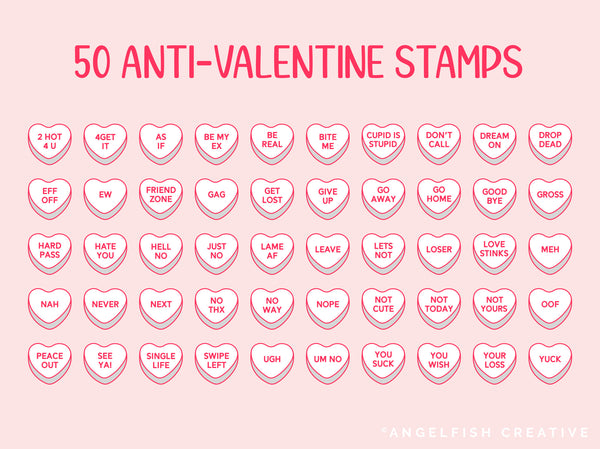 Candy Heart Stamp Brushes for Procreate | 130 Stamps, Conversation Heart, Anti-Valentine, Alphabet, anti valentine stamps