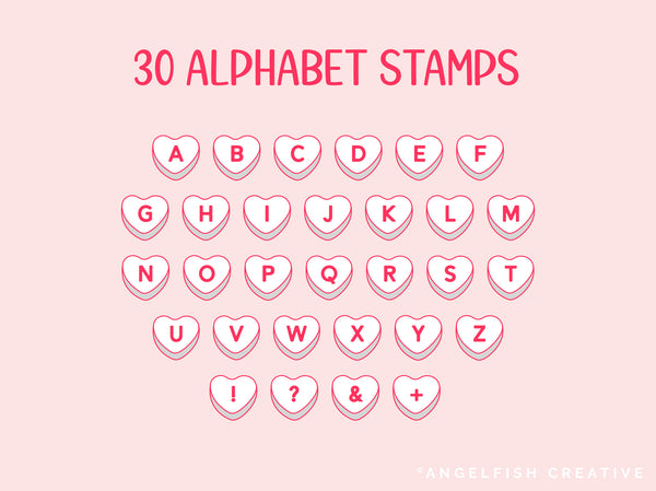 Candy Heart Stamp Brushes for Procreate | 130 Stamps, Conversation Heart, Anti-Valentine, Alphabet, alphabet letter stamps