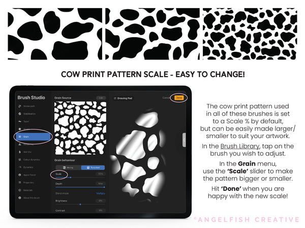 Cow Print Brush Set for Procreate | 6 Cow Animal Print Pattern Lettering Brushes, pattern scale easy to change instructions