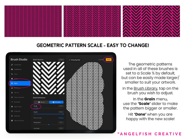Geometric Patterns Procreate Brush Set | 100 Seamless Print Design Brushes, pattern scale easy to change instructions