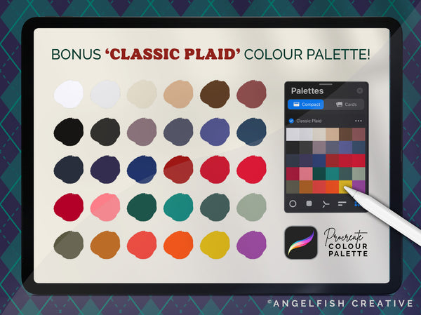 Gingham & Plaid Brush Set for Procreate | 50 Check Tarten Houndstooth Pattern Brushes, bonus classic plaid colour palette