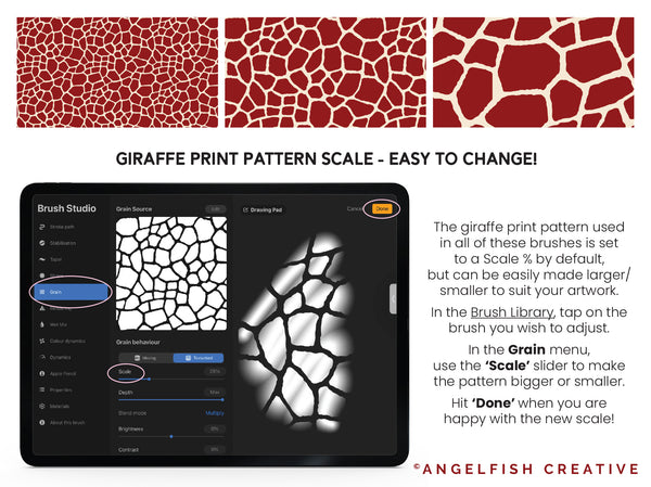 Giraffe Print Brush Set for Procreate | 6 Giraffe Animal Print Brushes, pattern scale easy to change instructions