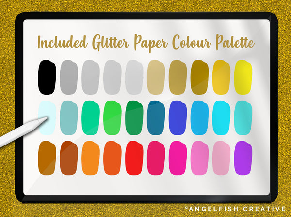 Glitter Paper Procreate Brush Set, 21 glittery texture brushes, glitter colour palette