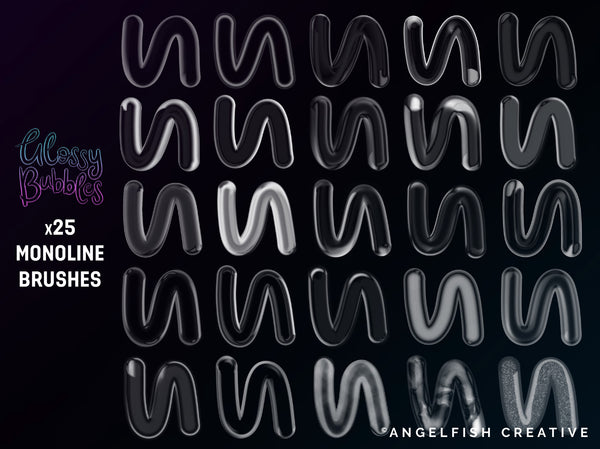 Glossy Bubbles Brush Set for Procreate: 50 Brushes, 3D transparent lettering, monoline brushes