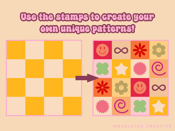 Groovy Checkers Brush Set for Procreate | 38 Checkered Pattern & Stamp Brushes, Retro Daisy Checkerboard, create your own unique patterns