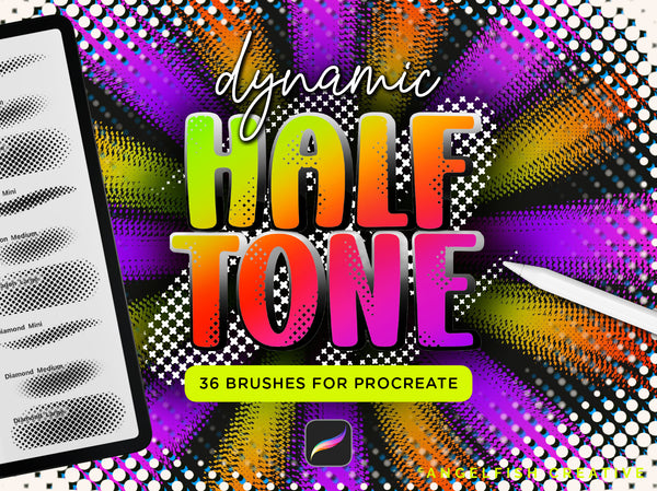 Dynamic Halftone Procreate Brush Set - 36 texture screen dot pattern brushes, title