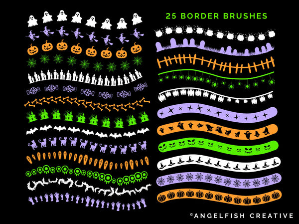 Halloween Border Brushes, Procreate Brush Set: 25 Spooky Line/Pattern Designs, brush styles