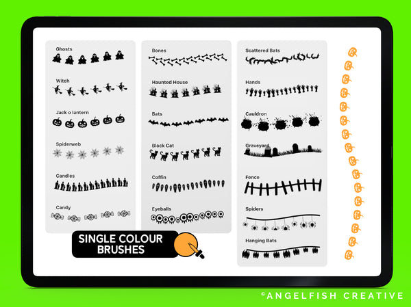 Halloween Border Brushes, Procreate Brush Set: 25 Spooky Line/Pattern Designs, single colour brushes