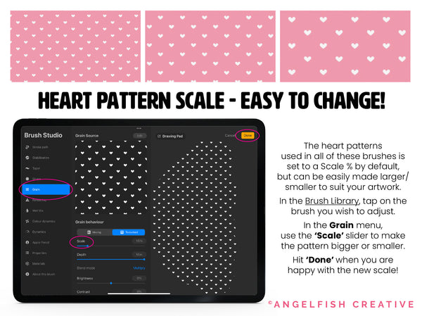 Heart Patterns Brush Set for Procreate | 50 Seamless Pattern Brushes, pattern scale