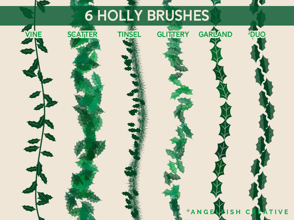 Holly Wreath & Garland Creator Brushes for Procreate | Christmas holiday greenery vine leaves, holly brushes