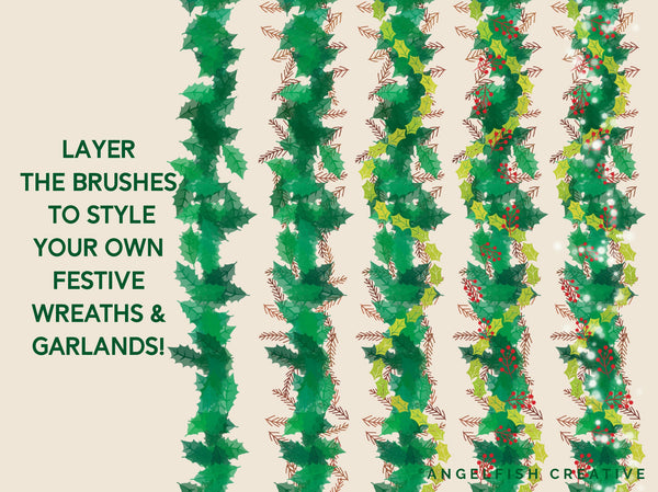 Holly Wreath & Garland Creator Brushes for Procreate | Christmas holiday greenery vine leaves, layer the brushes