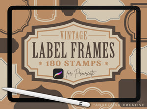 Vintage Label Frames, 180 Stamp Border Brushes for Procreate, title