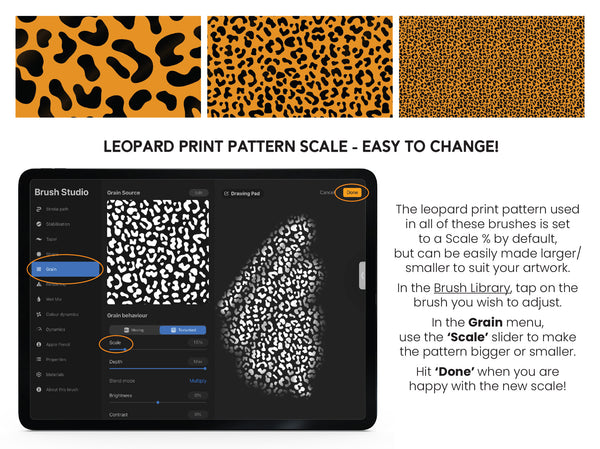 Leopard Brush Set for Procreate | 6 Animal Cheetah Print Pattern Lettering Brushes, pattern scale easy to change instructions