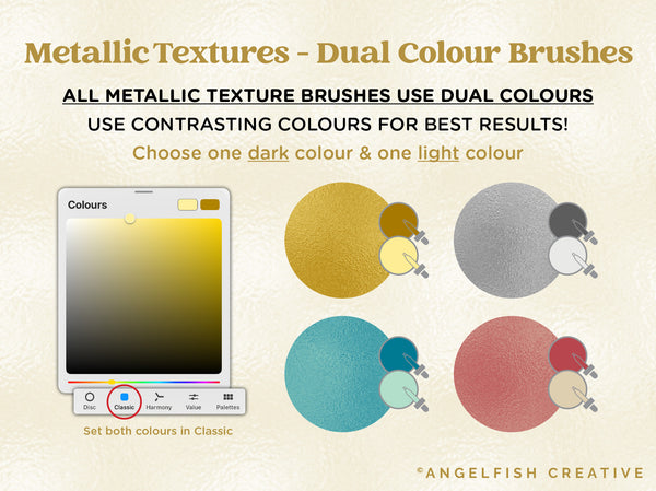 Metallic Textures Procreate Brush Set, 30 foil metal brushes, dual colour brushes