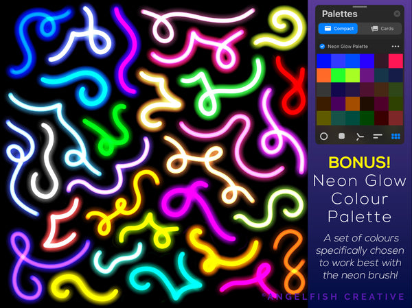 Neon Brush for Procreate | Glowing Light Monoline Lettering Brush, bonus colour palette