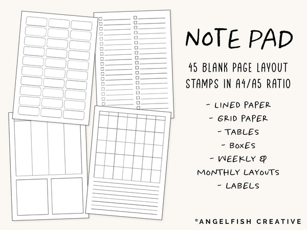 Note Pad Stamp Brushes for Procreate | A4 A5 writing paper page layout brush set, 45 stamps