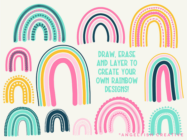 Rainbow Drawing Kit Procreate Brush Set | 26 Multi Line + 55 Border Brushes, rainbow designs