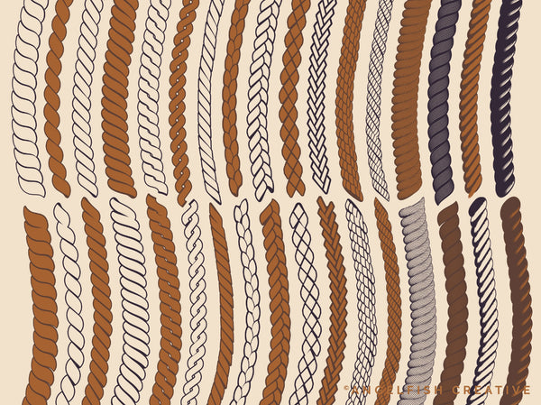 First page showing the different brush styles of the Rope Brush Set for Procreate on a beige background, designed by Angelfish Creative.