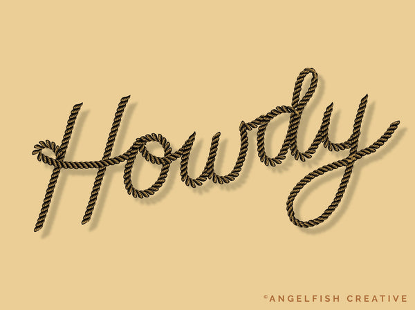 The word 'Howdy' written in rope style lettering on beige background using Rope Brushes for Procreate designed by Angelfish Creative.