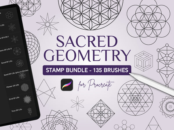 Sacred Geometry Stamp Bundle Procreate Brush Set | 135 Minimalist Geometric Line Stamp Brushes, title
