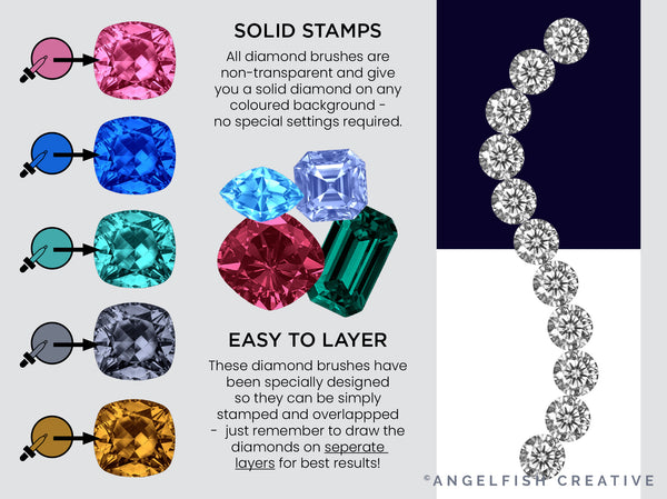 Sparkling Diamonds Procreate Brush Set | 80 Brushes, Rhinestones Jewels Sparkle Stamps, jewellery string, solid layering instructions