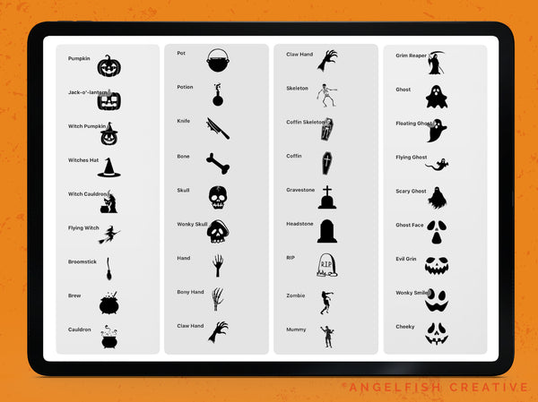 Spooky Stamps Procreate Brush Set: 65 Halloween Stamp Brushes, stamps page 1