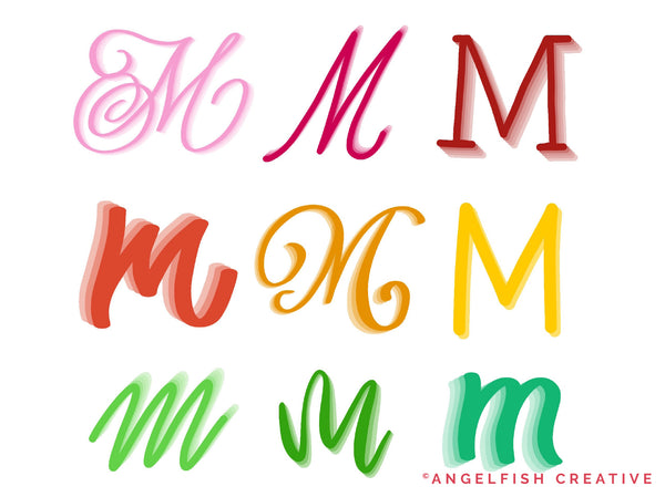 Super Shadow Brush Set for Procreate | 64 Drop Shadow Gradient Line Brushes, letter M in different lettering styles