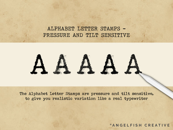 Typewriter Procreate Brush Set | Type Alphabet Letter Key Stamp, Ink & Texture Brushes, pressure and tilt sensitive letter stamps