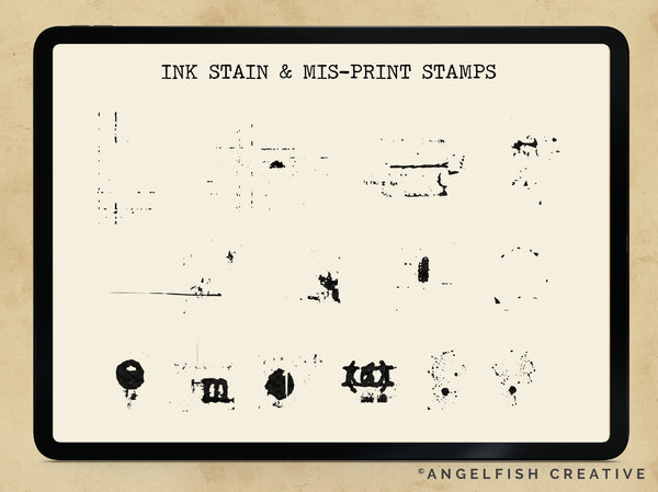 Typewriter Procreate Brush Set | Type Alphabet Letter Key Stamp, Ink & Texture Brushes, ink and misprint stamps