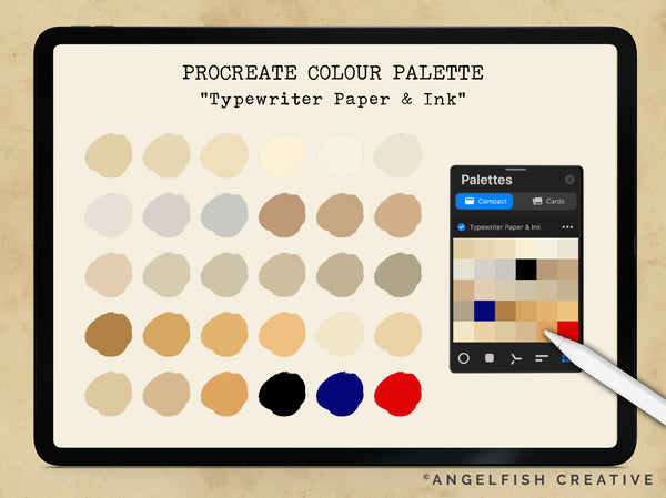 Typewriter Procreate Brush Set | Type Alphabet Letter Key Stamp, Ink & Texture Brushes, paper and ink colour palette