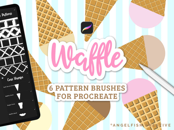 Waffle Pattern Procreate Brush Set | 6 Texture Brushes, square diamond icecream cone, title