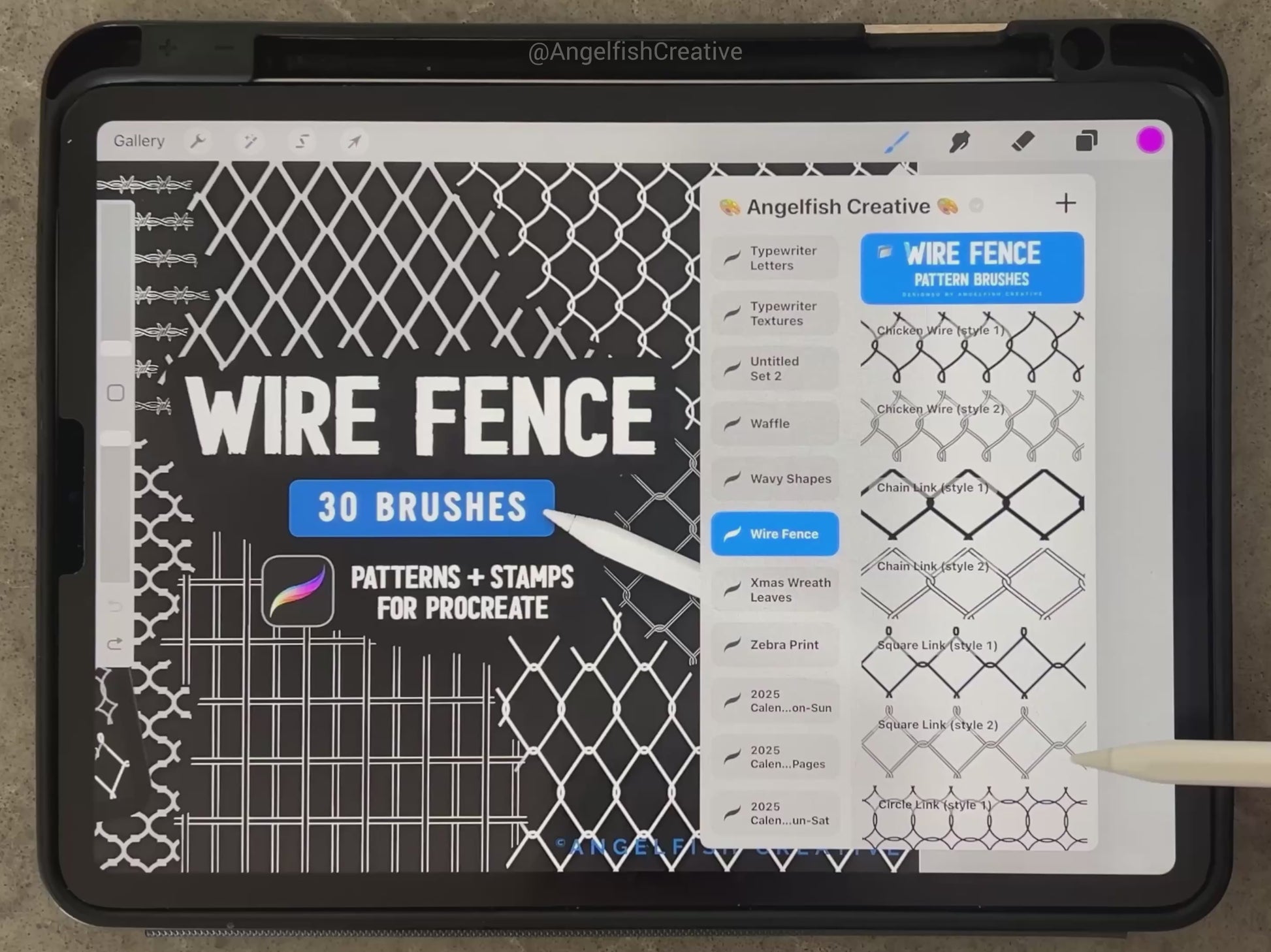 Wire Fence Procreate Brush Set, metal chain link pattern brushes, video