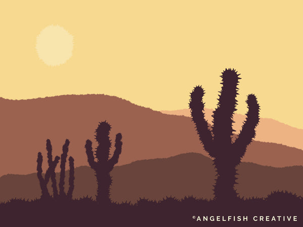 Desert scene drawing created with the Cactus Spiky Line Brush for Procreate.