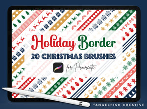 Holiday Border Procreate Brush Set | Set of 20 Christmas Pattern Line Brushes, title artwork