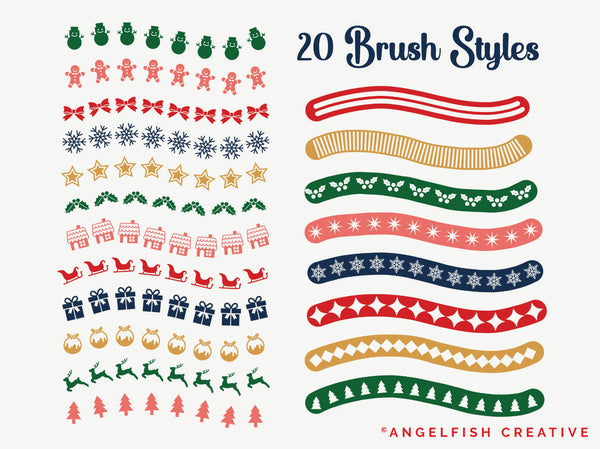 Holiday Border Procreate Brush Set | Set of 20 Christmas Pattern Line Brushes, brush styles