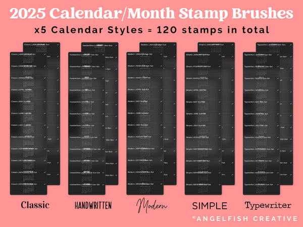 2025 Calendar Month Stamp Brushes for Procreate, digital planner, stamp brushes