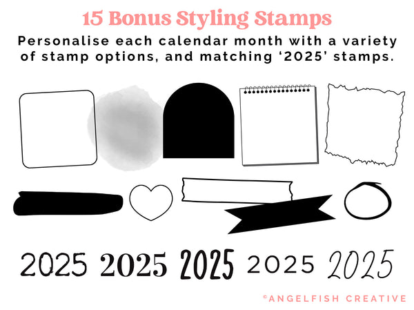 2025 Calendar Month Stamp Brushes for Procreate, digital planner, styling stamps