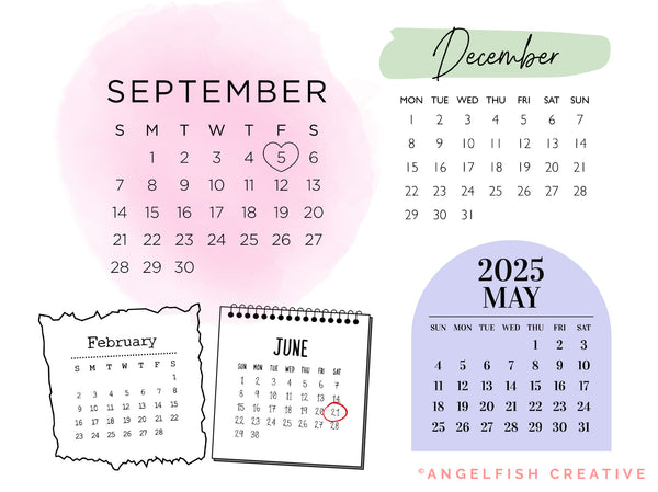 2025 Calendar Month Stamp Brushes for Procreate, digital planner, calendar examples