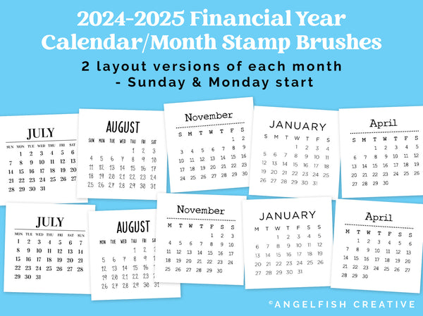 2024-2025 Financial Year Calendar Month Stamp Brushes for Procreate | Digital Planner Creator, layout versions