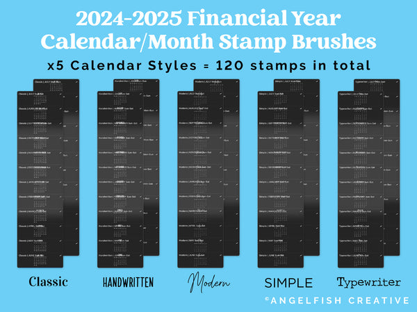 2024-2025 Financial Year Calendar Month Stamp Brushes for Procreate | Digital Planner Creator, calendar styles