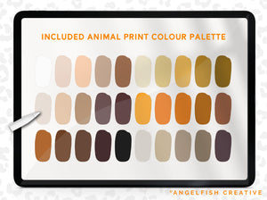 Animal Print Procreate Brush Set, leopard spots, stripes & scales patterns, bonus colour palette