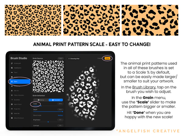 Animal Print Patterns, Brush Set for Procreate | 36 animal hide, leopard, skin, stripe, scale & fur brushes, pattern scale