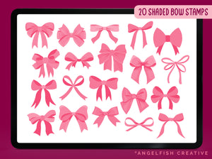 Coquette Bow Procreate Brush Set | 140 Stamp Brushes + 10 Bow Decorator Pattern Brushes, shaded bow stamps
