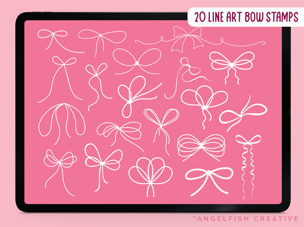 Coquette Bow Procreate Brush Set | 140 Stamp Brushes + 10 Bow Decorator Pattern Brushes, line art bow stamps