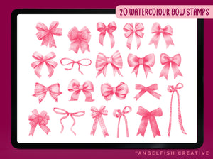 Coquette Bow Procreate Brush Set | 140 Stamp Brushes + 10 Bow Decorator Pattern Brushes, watercolour bow stamps